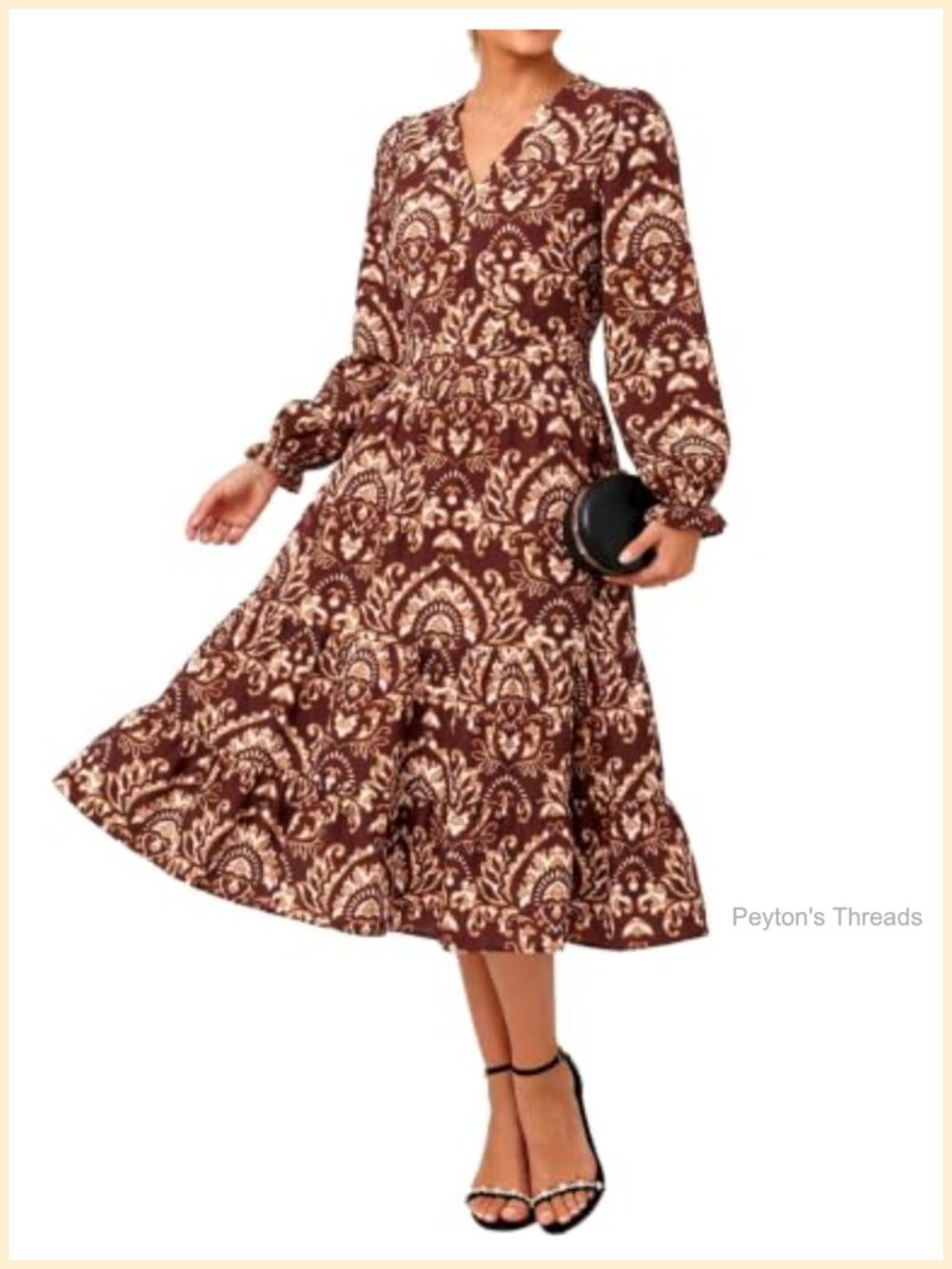 Womens Smocked Midi Dress Puff Long Sleeve V Neck A Line Tiered Ruffle Pockets